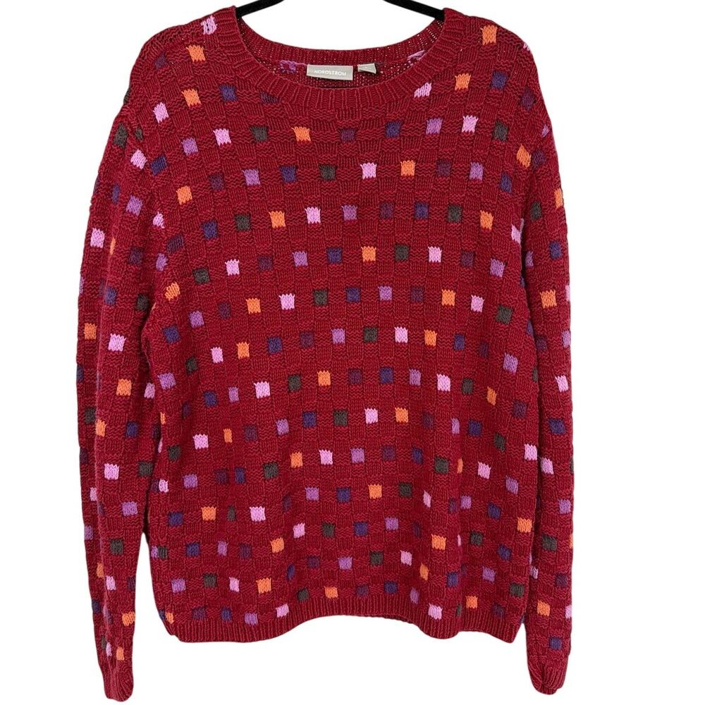 Nordstrom Red Multicolored Check Scoop Neck Sweater Large